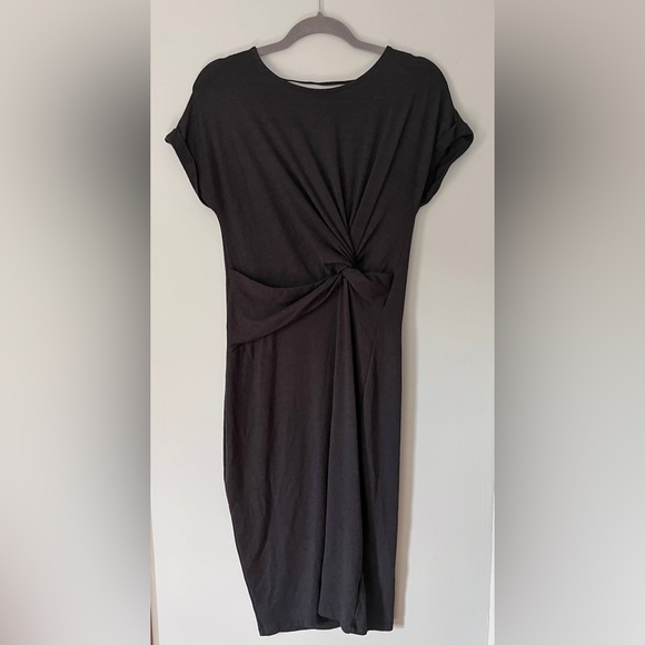 Gap Black Softspun Short Cap Sleeve Twist Knot Front Midi Dress Black Small - Picture 4 of 8